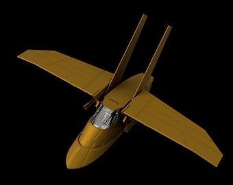 Puede incluir: Un modelo de nave espacial futurista de color dorado con dos estabilizadores verticales y una nariz puntiaguda. La nave espacial tiene una ventana de cabina y un par de pequeños cañones en la parte inferior.