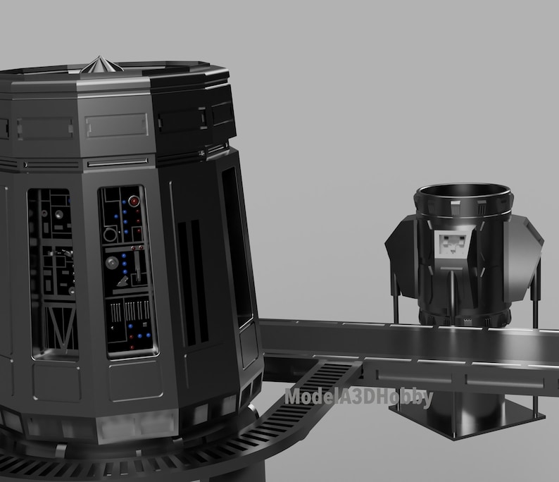 May include: A black, futuristic-looking structure with a cylindrical top and multiple panels. The structure has a series of lights and buttons, and is connected to a smaller, similar structure by a bridge. The text "ModelA3DHobby" is visible.