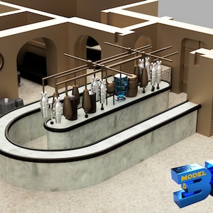 May include: A 3D rendering of a factory interior with a conveyor belt system. Various cylindrical and bottle-shaped objects are arranged on the belt. The scene is rendered in shades of brown and beige, with the text "MODEL HOBBY 3D" in the lower right corner.