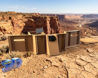 May include: A tan-colored modular model fortification set featuring interconnected wall segments, a central watchtower structure, and a small blank flag. The set includes a flat base platform and is displayed against a desert canyon landscape.