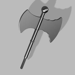 May include: A silver double-headed axe with a rounded handle.