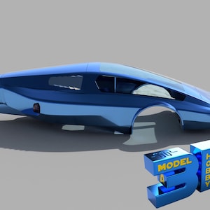 May include: A blue model car with a futuristic design. The car is missing its wheels and is sitting on a gray surface. The text "MODEL 3D HOBBY" is visible in the lower right corner of the image.
