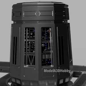 May include: A dark gray, octagonal structure with detailed panels and a circular base. The structure features rectangular and vertical slots, with internal panels displaying intricate electronic components and illuminated blue and red lights. The text "ModelA3DHobby" is visible.