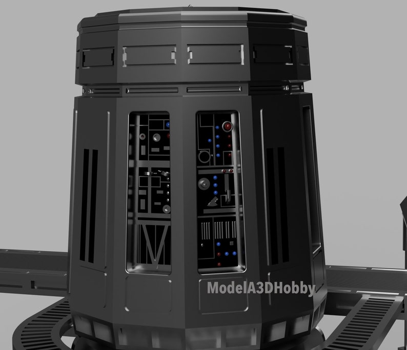 May include: A dark gray, octagonal structure with detailed panels and a circular base. The structure features rectangular and vertical slots, with internal panels displaying intricate electronic components and illuminated blue and red lights. The text "ModelA3DHobby" is visible.