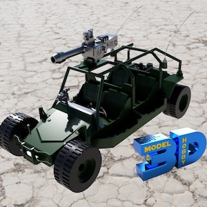 May include: A green military-style off-road vehicle with a mounted machine gun. The vehicle has a roll cage and four large tyres. The vehicle is on a desert-like background. The text "3D MODEL HOBBY" is visible in the lower right corner of the image.