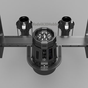 May include: A detailed, gray model of a futuristic, industrial structure. The central octagonal core features a series of lights and intricate paneling. Two cylindrical components are connected by a platform, with the text "modelA3DHobby" visible.
