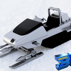 May include: A silver and black futuristic snowmobile with a black seat and a black track. The snowmobile has two skis and two missiles on the front.