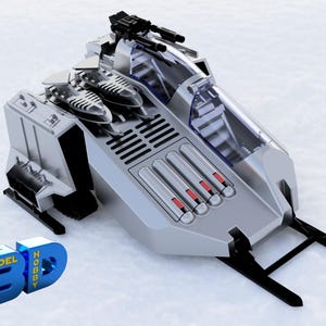 Può includere: Un modello di veicolo fantascientifico color argento con una cupola trasparente per la cabina di pilotaggio, armi nere e quattro dettagli cilindrici con accenti rossi sulla parte superiore. Il testo "MODEL 3D HOBBY" è in lettere blu 3D.