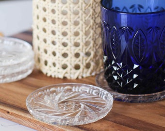 Vintage Pressed Glass Coasters - Set of 5 Depression Glass Drink Coasters - Hobstar and Pinwheel Pattern