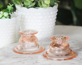1930s Federal Pink Glass Candle Holders - Blush Pink Depression Glass Candles - Old Madrid Taper Candlesticks