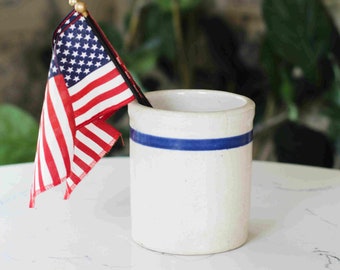 Blue Stripe Kitchen Crock - Vintage Stone Planter - Farmhouse Wooden Spoon & Utensil Holder