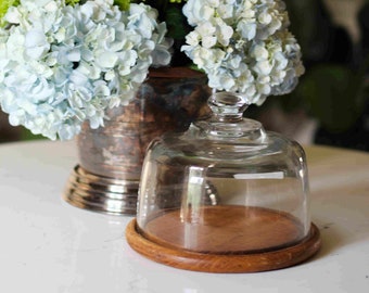 Vintage Cheese Dome - Vintage Butter Dish - Round Wooden Tray with Glass Dome