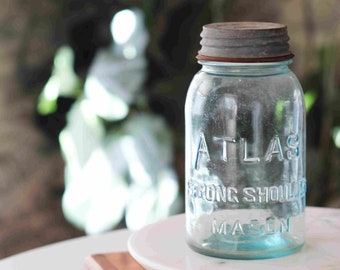 RARE Vintage Antique Aqua Blue Atlas Ball Mason Jar with Screw Top - Original 1920's Blue Atlas Jar - Farmhouse Kitchen Decor