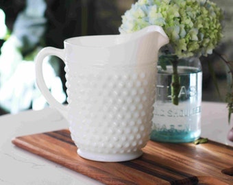 Vintage Anchor Hocking Milk Glass Hobnail Pitcher - White Dotted Antique Pitcher - Milk Glass Vase