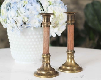 Wood & Brass Candlesticks - Vintage Candle Holders - Traditional Brass Candlesticks