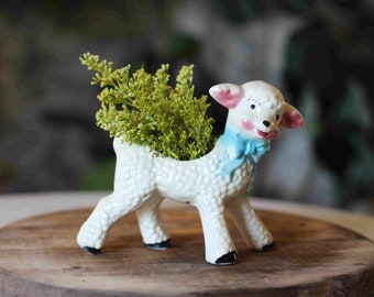 Lamb Planter with Blue Bow - Sheep Planter - Vintage Nursery Plant Holder