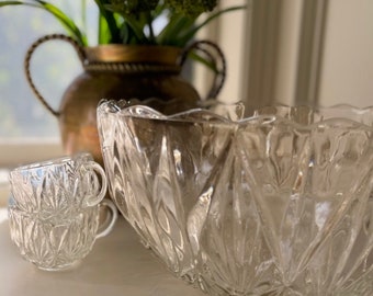 Vintage Glass Punch Bowl Set - Vintage Clear Glass Punch Cups - Bridal Shower Punch Bowl