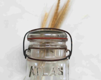 Small Clear Atlas Ball Glass Canister with E-Z Seal and Wire Bail - Vintage Antique 1920's Atlas Mason Jar