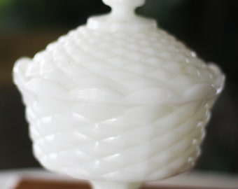 White Milk Glass Anchor Hocking Diamond Weave Footed Candy Dish