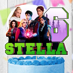 May include: A light blue frosted cake with colorful sprinkles, topped with a cake topper featuring a group of people and the name "STELLA" and the number 6. A red party hat and blue streamers are in the background. The image also shows instructions for downloading, printing, and assembling a digital file.