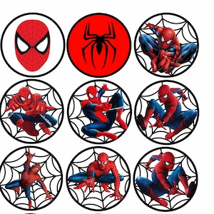 Könnte beinhalten: Eine Sammlung von zwölf kreisförmigen Bildern mit Spider-Man. Die Bilder zeigen Spider-Mans Maske, ein rotes Spinnen-Symbol und verschiedene Action-Posen in einem schwarzen Spinnennetz-Design. Das Farbschema ist hauptsächlich rot, blau und schwarz.