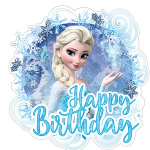 May include: A light blue and white image of a cartoon character with blonde hair, wearing a blue dress, and surrounded by snowflakes. The words "Happy Birthday" are written in light blue script.