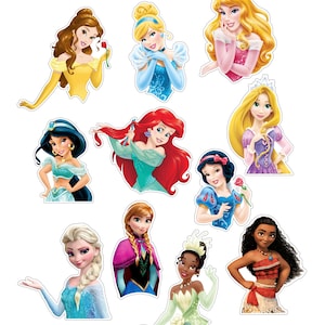 May include: A selection of colourful die-cut images of Disney princesses. The princesses are shown in their iconic outfits and hairstyles, including Belle in yellow, Cinderella in blue, and Ariel with red hair. Suitable for crafts or party decorations.