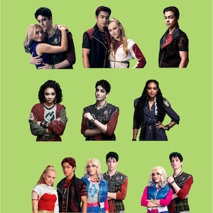 May include: A collage of nine images featuring actors from the Disney movie series, "Zombies." The images show various characters in different outfits, with a green background. The characters are in various poses, some in pairs and others alone.