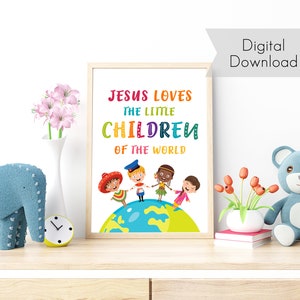 Jesús ama a los niños pequeños del mundo Descarga digital instantánea - Cartel de la canción de la escuela dominical - Arte infantil e impresión de pared
