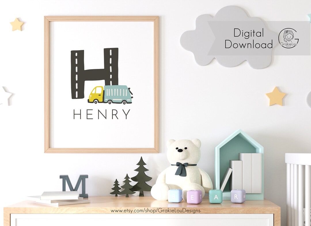 Personalized Boys Name Print - Transportation Themed Garbage Truck - Digital Download - Customized Kids Wall Art and Printable