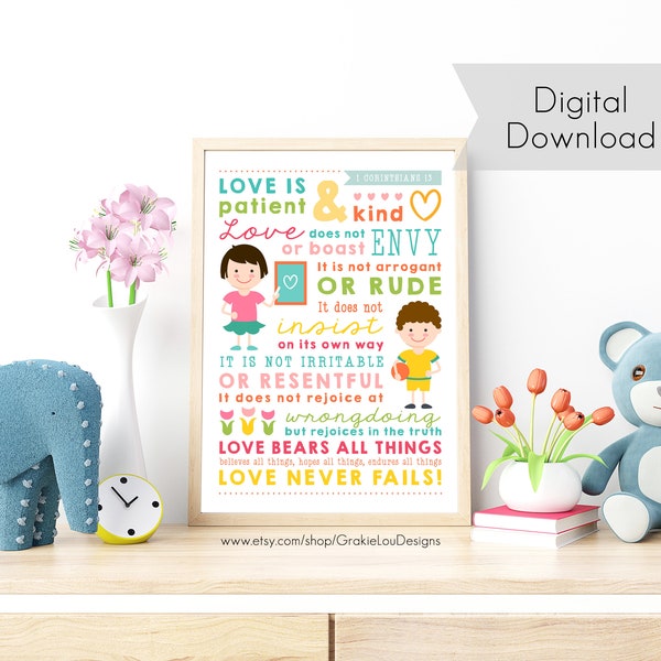 1 Corinthians 13 for Kids -Love Is Patient, Love Is Kind - Instant Digital Download - Sunday School Poster  - Kids Wall Art and Printable