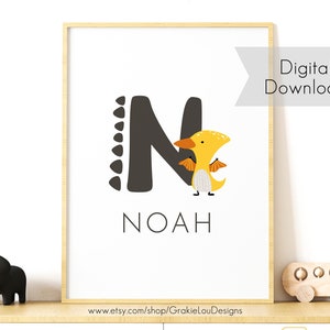 Personalized Boys Name Print - Dinosaur Theme - Digital Download - Customized Kids Wall Art and Printable