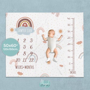Manta PERSONALIZADA HITOS Rainbow Cloud | Manta para niños | Manta para bebés | Regalos bebés | Recién nacidos | Manta personalizada