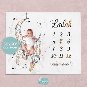 Manta PERSONALIZADA HITOS Boho Moon | Manta para niños | Manta para bebés | Regalos bebés | Recién nacidos | Manta personalizada