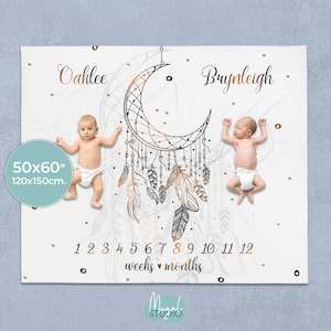 Manta PERSONALIZADA Gemelos/Mellizos HITOS Boho Moon | Manta cumple mes | Manta para bebés | Regalos bebés | Manta personalizada