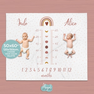 Manta PERSONALIZADA HITOS gemelos/mellizos Rainbow Moon Dots - CORAL | Manta cumple mes para gemelos | Regalos gemelos recién nacidos