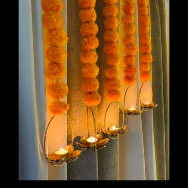 Indian Lotus with Marigold Flowers hanging, LED Lights Holder, Nursery / Front Door / Entryway / Terrace / Balcony Decoration, Floral Decor