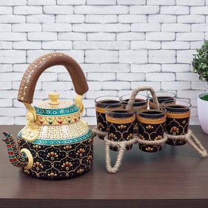 Indian Hand Painted Teapot, Tea Kettle 1 Ltr, Jute Stand and 6 Glasses, Desi Kitchen Decor, Tea Pot Set, Rajasthani Painting Chai Mug Gift