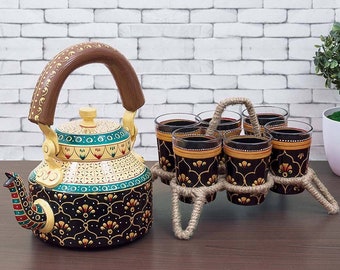 Indian Hand Painted Teapot, Tea Kettle 1 Ltr, Jute Stand and 6 Glasses, Desi Kitchen Decor, Tea Pot Set, Rajasthani Painting Chai Pot Gift