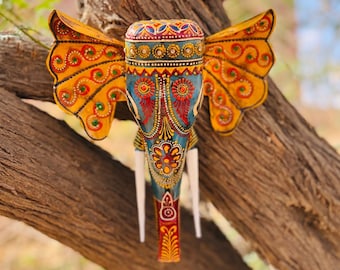 Indian Wooden Metal Elephant Wall Art, Handmade Hand Painted Elephant Head Wall Mount, House Warming Gift, Indian Wall Decor, Wall Hangings