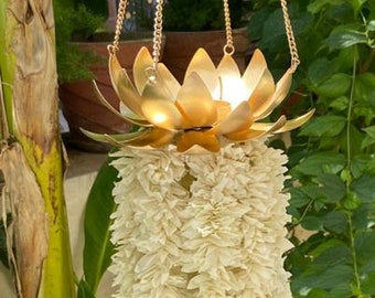 Diwali Decoration, Lotus Hanging with Jasmine Garland & Rose, Backyard Wedding Decor, Pooja Mandir, Patio, Diwali Party Floral Decor Idea