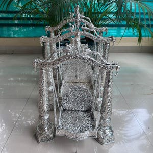 German Silver Jhula for God Idol, Krishna Swing, Hindu Pooja Mandir Sinhasan, Indian Temple Religious Accessory, Altar Decor for Laddu Gopal