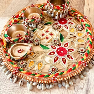 Pooja Thali set for Hindu Diety Worship, Indian Puja Room, Goddess Mandir Decor, Wedding Kumkum Arti Plate, Religious Diwali Grandma Gifts
