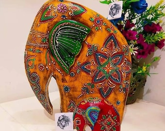 Wooden Elephant with Baby Statue Figure Showpiece Set Solid Heavy Wood Home Decor sculpture Handmade Hand Painted Traditional Indian Style