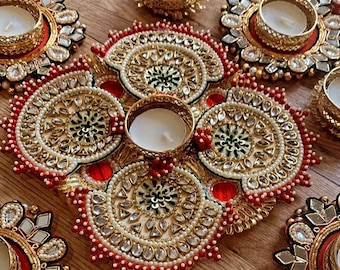 Aesthetic Kundan Rangoli Set, Beaded Pearls & Stones, Festive Home Decor, Housewarming favors, Wedding Gift, Diwali Decor, Tea Party Decor