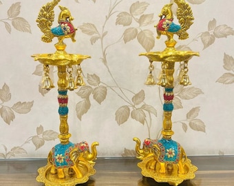 Traditional Brass Lamp, Peacock Elephant Samai Lamp, Oil Wick Diya, Diwali Diya, Indian Gruhapravesam House Warming Pooja Mandir Decor Gift