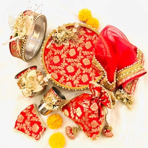 Karva Chauth, Indian Aarti Pooja Thali, Channi, Lota, Thali Cover for Karwachauth, Punjabi Bride Sargi Ritual Kit, Daughter In Law Gift set