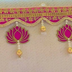 Handmade Gota Patti Door Bandarwar with Hanging Lotus, Door Valence, Goddess Lakshmi Diwali Pooja Mandir Table Toran, Indian Wedding Decor