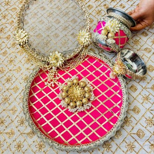 Karwa Chauth Ornaments, Karwachauth Thali Set, Indian Pooja Plate with Channi, Lota & Bowl, Bride Sargi Ritual Kit, Daughter In Law Gift set