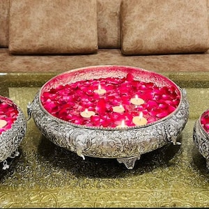 German Silver Urli Bowl, Diwali Festival Decorations at Home, Office Corner Table Tealight Holder, Indian Flower Uruli Bowl for Entryway